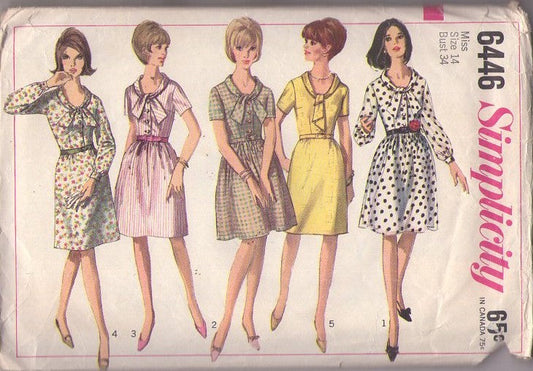Simplicity 6446 Vintage 60's Sewing Pattern Day Dress Set, Scoop Neck, Tie Collar Shirtwaist Secretary Day Dress, Mad Men 5 Styles Size 14