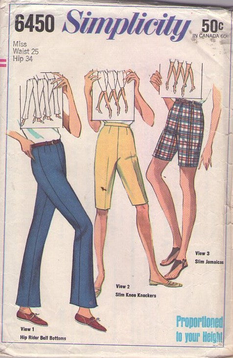 Simplicity 6450 Vintage 60's Sewing Pattern Mod Pants, Housewife, High Waisted Slim Jamaica, Knee Knockers Shorts, Bell Bottom Ankle Pants Waist 25 Size M