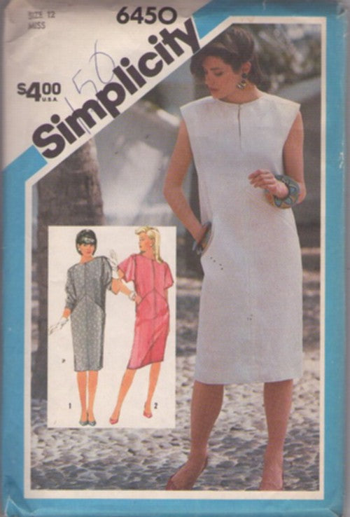 Simplicity 6450 Vintage 80's Sewing Pattern Tube Dress, Grunge Slit Neck, Shaped Front, Tapered Straight Tube Dress 3 Styles Size 12