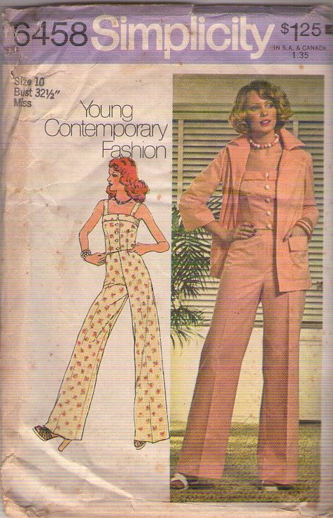 Simplicity 6458 Vintage 70's Sewing Pattern Camisole Top, Wide Leg Pants, Shirt Jacket, Young Contemporary Fashion, Disco Separates Size 10