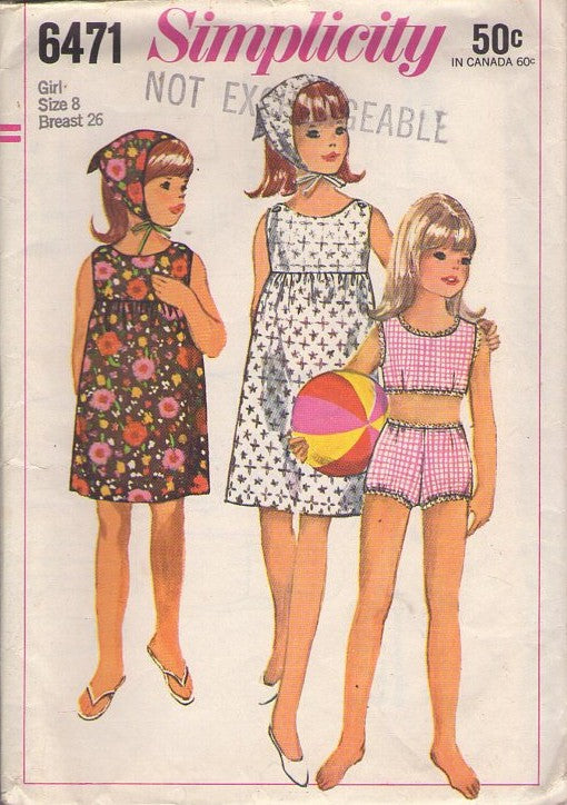 Simplicity 6471 Vintage 60's Sewing Pattern Girl's Swimwear, Modest Mod 2 Piece Bathing Suit, Swim Suit, Crop Top & Bottoms, Beach Dress, Scarf Size 8