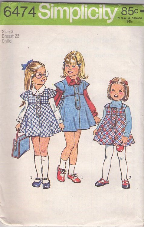Simplicity 6474 Vintage 70's Sewing Pattern Girl's Jumpers, Brady Bunch High Waist Cap Sleeve Jumper Dress, Button Band 2 Styles Size 3