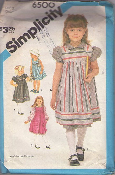 Simplicity 6500 Vintage 80's Sewing Pattern Girl's Dress & Jumpers, Cottagecore Square Neck High Yoked Flared Sundress, Sun Dress, Jumper, School Dress Size 5