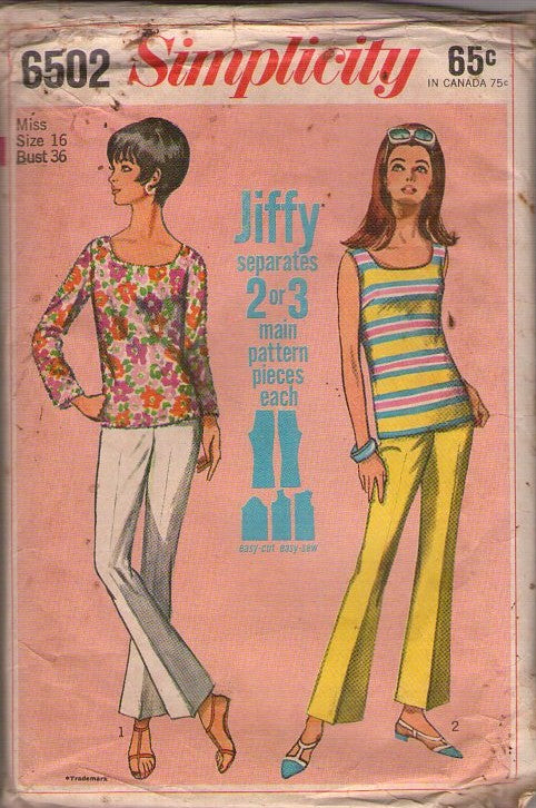 Simplicity 6502 Vintage 60's Sewing Pattern Mod Tank Top, Pants, Jiffy Summer Separates Sie 16