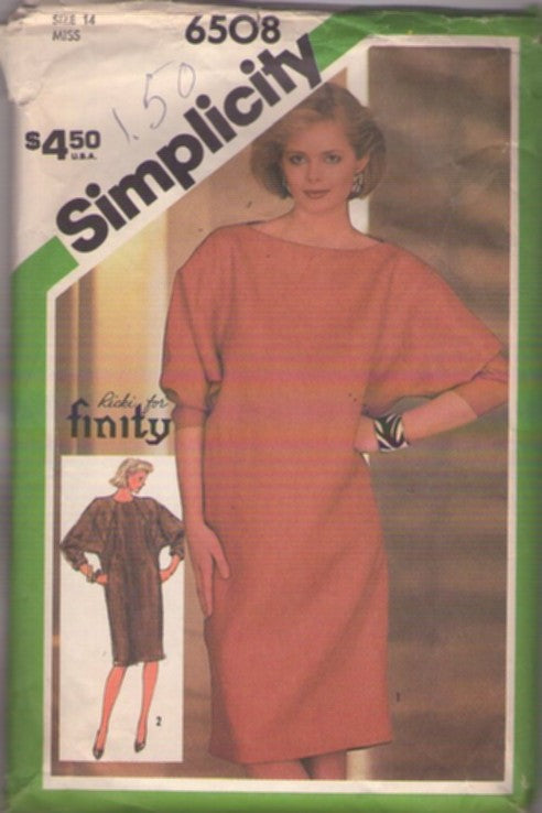 Simplicity 6508 Vintage 80's Sewing Pattern Chemise Dress, Designer Ricki for Finity, New Wave, Grunge, Full Batwing Raglan Sleeve Chemise Straight Dress Size 14