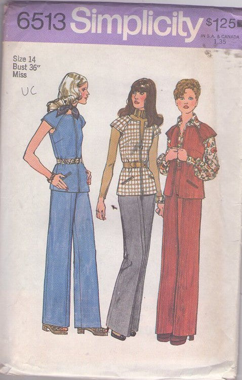 Simplicity 6513 Vintage 70's Sewing Pattern Secretary Separates, Shaped Raglan Cap Sleeve Front Zipper Shirt, Jacket Top, Flared Pants Size 14 UNCUT