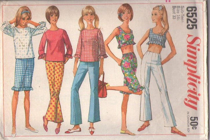 Simplicity 6525 Vintage 60's Sewing Pattern Petite Separates, Clam Bake Gidget, Super Cute Scoop Neck Summer Crop Top, Ruffle Sleeve Blouse, Ankle Biter Pants, Capri Knee Knockers Size 14S