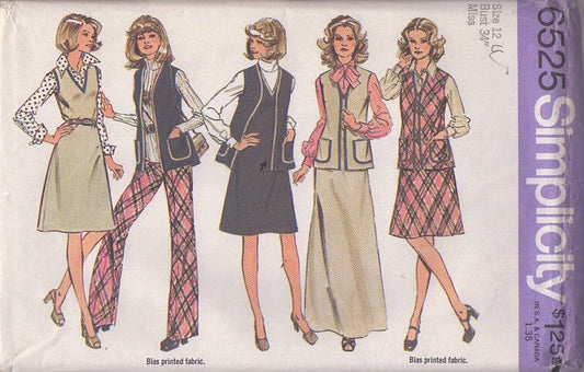 Simplicity 6525 Vintage 70's Sewing Pattern Secretary Separates, A-Line Skirt, V Neck Jumper, Dress, Maxi Gown, Vest Jacket & PLAID Worthy Pants Size 12