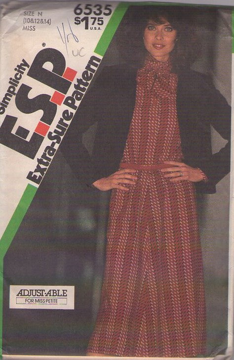 Simplicity 6535 Vintage 80's Sewing Pattern Secretary Dress, Jacket Set, Modest, Bloused, Tie Collar, Long Sleeves & Princess Seamed Jacket Cover Up Size 10-14