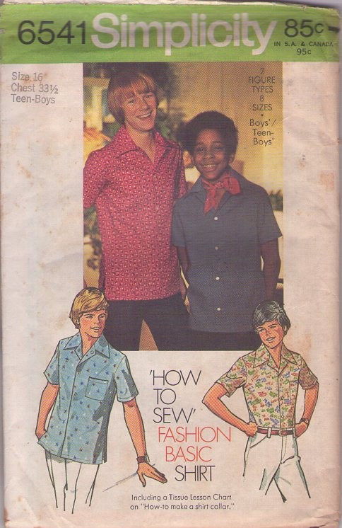 Simplicity 6541 Vintage 70's Sewing Pattern Teen Boys' Disco Shirt, Easy Fashion Basic, Short Sleeves Size 16