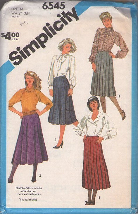 Simplicity 6545 Vintage 80's Sewing Pattern Secretary Skirts, Gored or Pleated Modest Length Skirt Set, Side Buttons 4 Styles Size 14
