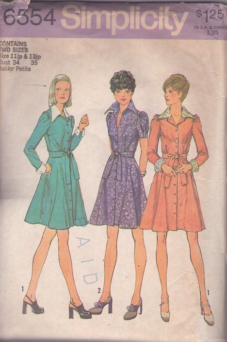 Simplicity 6554 Vintage 70's Sewing Pattern Secretary Dress Set, Flared Collared Front Buttoned Coat Dress, Gored Skirt Size 11JP-13JP
