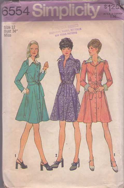 Simplicity 6554 Vintage 70's Sewing Pattern Secretary Dress Set, Flared Collared Front Buttoned Coat Dress, Gored Skirt Size 12 CUT