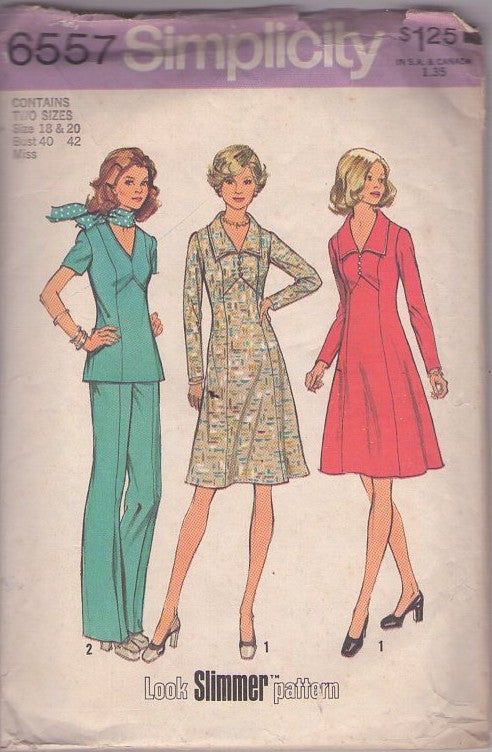 Simplicity 6557 Vintage 70's Sewing Pattern Separates, Look Slimmer Plus Size Collared or V Neck Tunic Top, Secretary Dress with Chevron & Panel, Pants Size 10-12