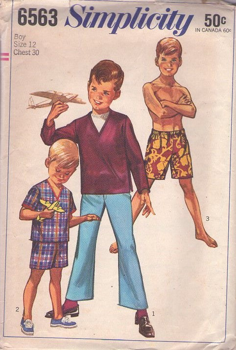 Simplicity 6563 Vintage 60's Sewing Pattern Boys' Separates, Mod Hipster Lined Swim Trunks, Shorts, V Neck Shirt Top, Fly Front Bell Bottoms Pants Size 12