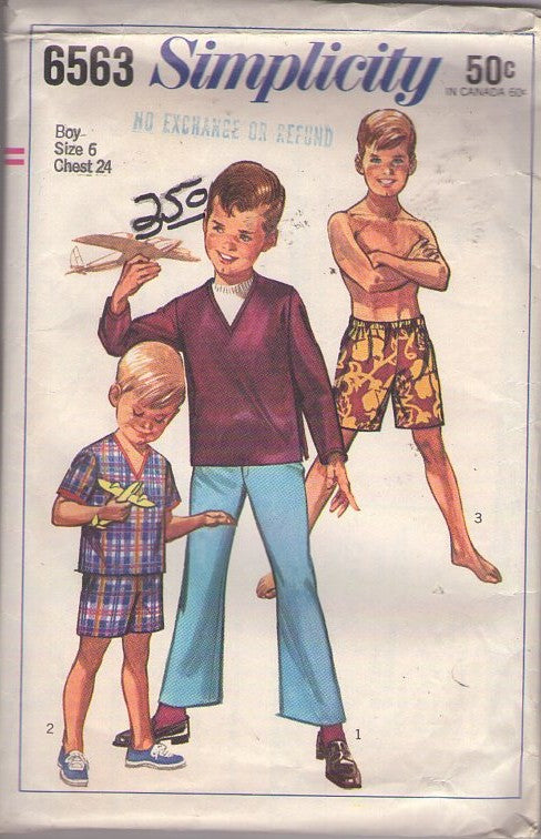 Simplicity 6563 Vintage 60's Sewing Pattern Boys' Separates, Mod Hipster Lined Swim Trunks, Shorts, V Neck Shirt Top, Fly Front Bell Bottoms Pants Size 6