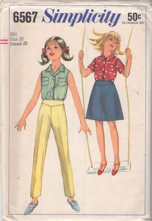 Simplicity 6567 Vintage 60's Sewing Pattern Girl's Separates, School Wardrobe, Flap Pockets Blouse, Shaped Yoke High Waisted A-Line Skirt or Pedal Pushers Pants Size 10