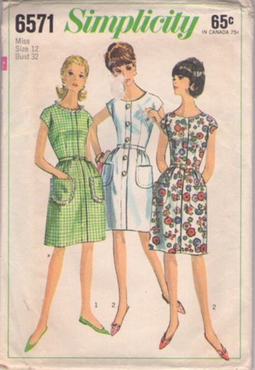 Simplicity 6571 Vintage 60's Sewing Pattern Mod Dresses, Housewife Fit & Gathered Bell Skirt Step In Zipper Front Hidden Band Cap Sleeve Day Dress 2 Styles Size 12