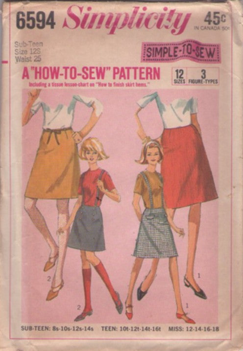 Simplicity 6594 Vintage 60's Sewing Pattern Mod Skirts, Simple to Sew A-Line Skirt Set, Optional Suspenders Size 12S