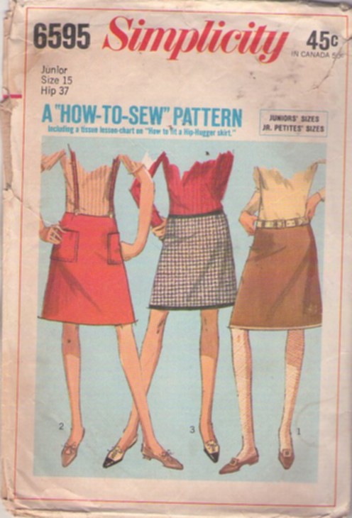 Simplicity 6595 Vintage 60's Sewing Pattern Easy Skirts, How to Sew Skirt, Mod Hip Hugger, A-Line Mini Skirt Set, 3 Styles Size 11