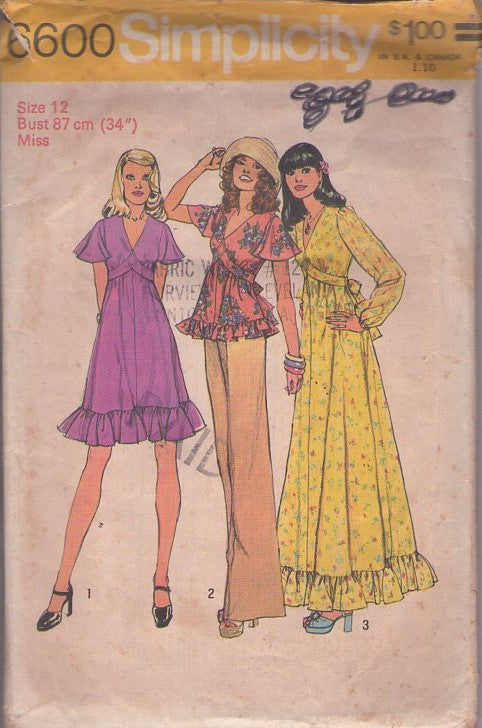 Simplicity 6600 Vintage 70's Sewing Pattern Boho Dress, Hippie Hostess Shaped Waistband Tie Back Flutter or Long Balloon Sleeve Ruffle Trim Peplum Top, Blouse, Dress, Maxi Gown Size 12