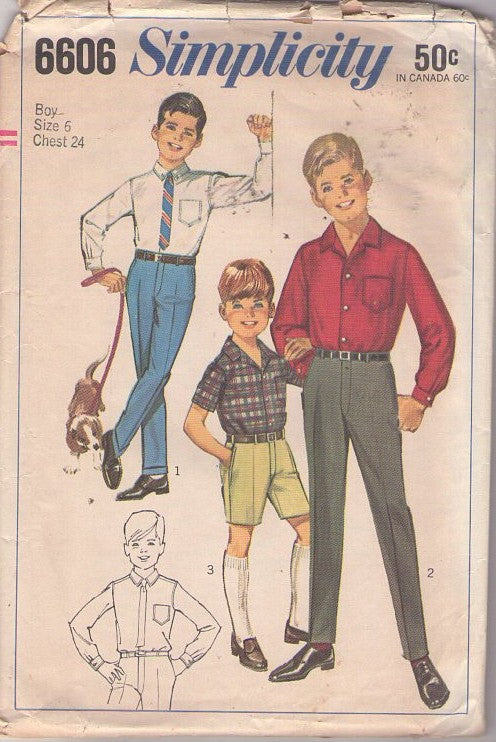 Simplicity 6606 Vintage 60's Sewing Pattern Boys' Suit Separates, Beatles Look, Rockabilly Hipster Peg Leg Fly Front Trousers, Shorts & Dress Shirt Size 6