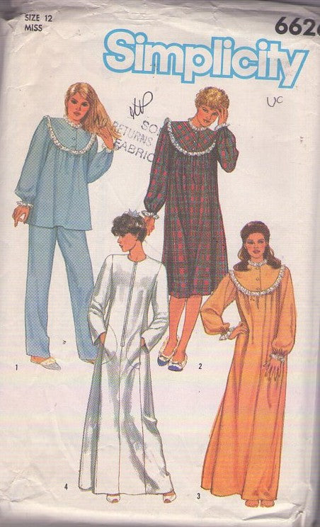 Simplicity 6626 Vintage 80's Sewing Pattern Modest Sleepwear, Old Fashioned, Cottagecore Scoop Yoked PJs Top, Nightshirt, Nightgown, Housecoat Robe, Pants Size 12