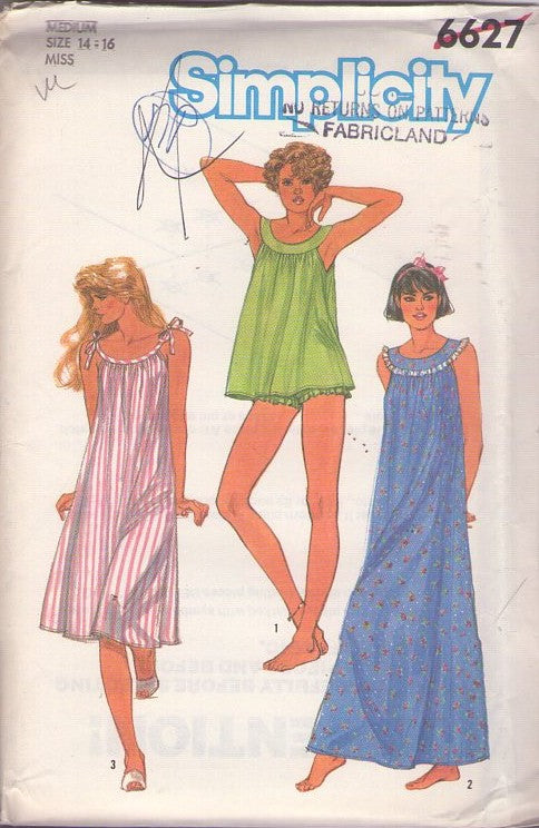 Simplicity 6627 Vintage 80's Sewing Pattern Babydoll Pajamas, Shortie Blouse Top, House Dress, Bloomers Panties, Nightgown, Sundress Size M 14-16
