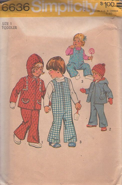 Simplicity 6636 Vintage 70's Sewing Pattern Boys' or Girl's Coats, Quilted Hooded Jacket, Winter Coat, Front Zippered Bell Bottoms Overalls, Coveralls, Jumpsuit Size 1