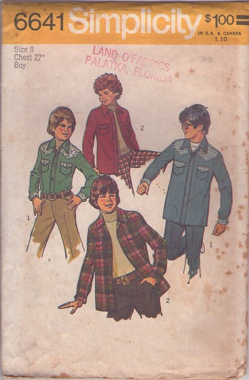 Simplicity 6641 Vintage 70's Sewing Pattern Boys' Shirts Set, Western Contrast Yoke Snap or Button Up Shirt Jacket, Flannel Hunting Shirt Set Size 8