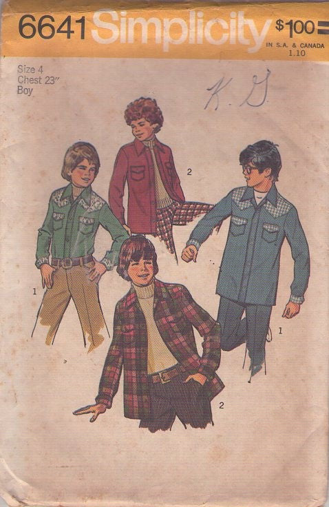 Simplicity 6641 Vintage 70's Sewing Pattern Boys' Shirts Set, Western Contrast Yoke Snap or Button Up Shirt Jacket, Flannel Hunting Shirt Set Size 4