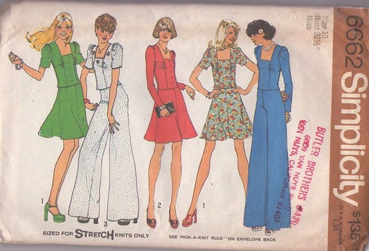Simplicity 6662 Vintage 70's Sewing Pattern Disco Separates, Square Neck Boho Shirred Front Panel Blouse, Top, Shirt, Flirty Flared Short Skirt, LEGIT Palazzo Bell Bottoms Pants Size 10