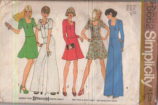 Simplicity 6662 Vintage 70's Sewing Pattern Disco Separates, Square Neck Boho Shirred Front Panel Blouse, Top, Shirt, Flirty Flared Short Skirt, LEGIT Palazzo Bell Bottoms Pants Size 12