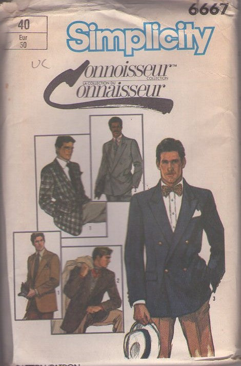 Simplicity 6667 Vintage 80's Sewing Pattern Men's Jackets, Connoisseur Single or Double Breasted Suit Jacket, Sports Coat, Casual or Dress Size 40 L