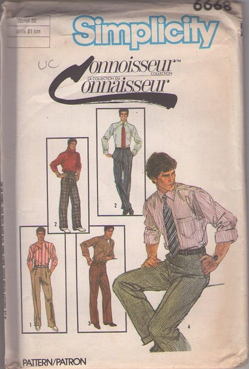 Simplicity 6668 Vintage 80's Sewing Pattern Men's Pants Set, Connoisseur Fly Front Slacks, Trousers, Pants With or Without Pleats Size 32 S