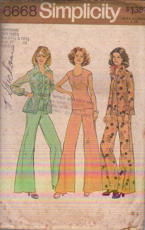Simplicity 6668 Vintage 70's Sewing Pattern Casual Separates, Easy Cap Sleeve U Neck Tshirt Top, Shirt Jacket Blouse, Flared Bell Bottoms Pants Size 14.5-16.5 CUT