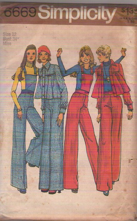 Simplicity 6669 Vintage 70's Sewing Pattern Bib Overalls, Denim Disco Jumpsuit, Flared Bell Bottoms Pants, Flared Smock Top, Shirt Jacket Size 12