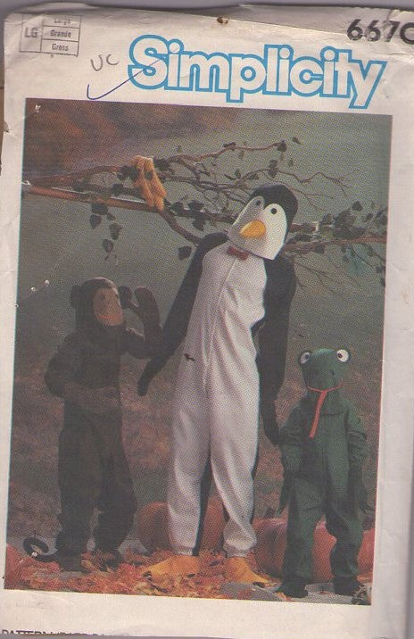Simplicity 6670 Vintage 80's Sewing Pattern Animal Costumes, Crazy Old School Halloween Jumpsuit Costume Wizard of Oz Chimpanzee Flying Monkey Style, Penguin, Frog or Toad, Mascots Size Adult L