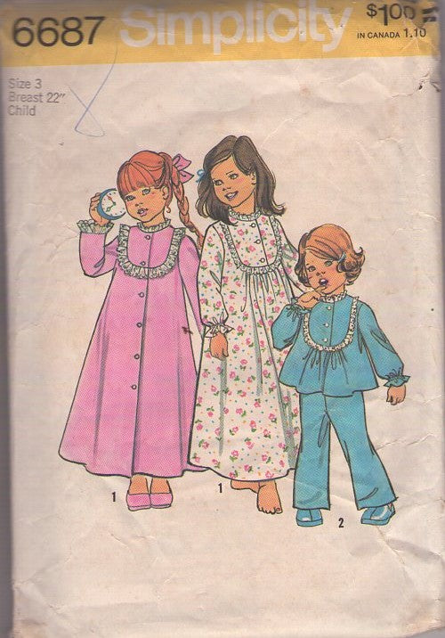Simplicity 6687 Vintage 70's Sewing Pattern Girl's Pajamas & Robes, Modest Buttoned Scoop Yoke Pajamas Smock Top, Long Nightgown, Pants & House Coat, Robe Size 3