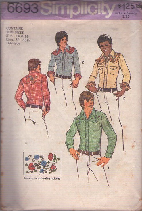 Simplicity 6693 Vintage 70's Sewing Pattern Men's Shirts, Fitted Western Yoked Cowboy Shirt, Flap Pockets, Pearl Snaps, Embroidery Transfer Size 14-16