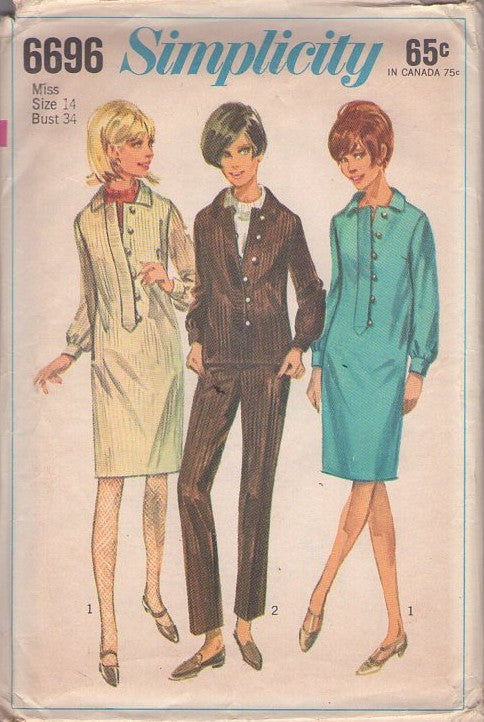 Simplicity 6696 Vintage 60's Sewing Pattern Mod Dress & Separates, Hipster Beatnik Shirtwaist Shift Dress, Buttoned Pullover Top, Overblouse, Blouse, Slim Leg Slacks Size 14