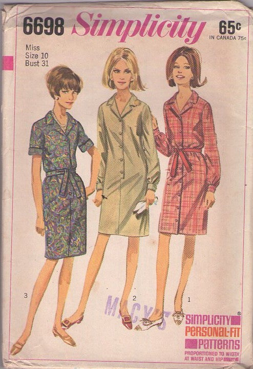 Simplicity 6698 Vintage 60's Sewing Pattern Mod Dress, Housewife Step In, Button Band Shirtdress, Front Buttoned Coat Dress Size 10