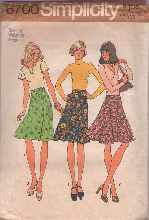 Simplicity 6700 Vintage 70's Sewing Pattern Bias Skirts, Flared, Disco Era, Secretary Skirt Set, 3 Styles Size 14