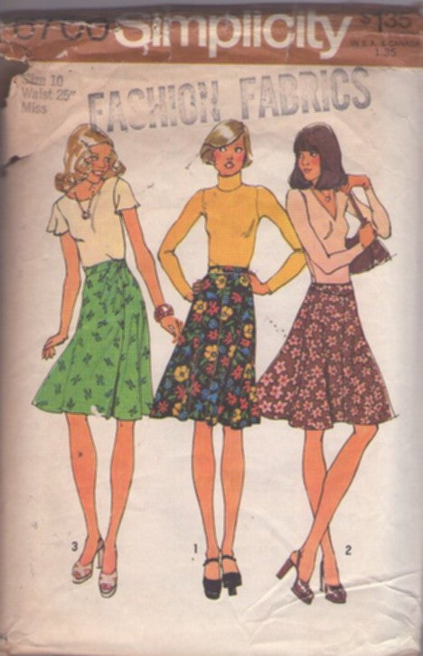 Simplicity 6700 Vintage 70's Sewing Pattern Bias Skirts, Flared, Disco Era, Secretary Skirt Set, 3 Styles Size 10