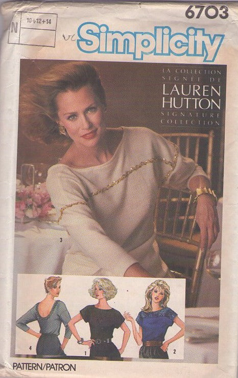 Simplicity 6703 Vintage 80's Sewing Pattern Easy Tops, Sparkles LA, Signature Collection, Lauren Hutton Bling Sequin Trimmed Cocktail Party Blouse Set, 4 Styles Size 10-14