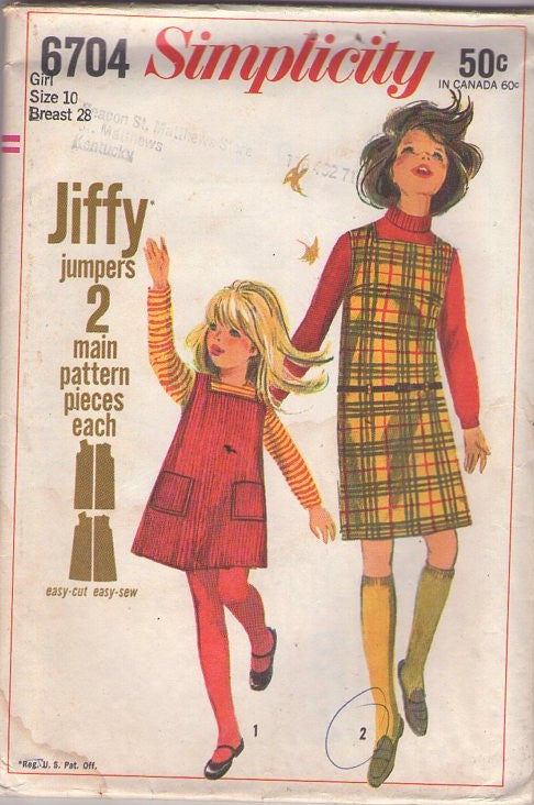 Simplicity 6704 Vintage 60's Sewing Pattern Girl's Jumpers, Jiffy 2 Main Pieces Square Neck Shift Dress, Jumper, 2 Styles Size 10