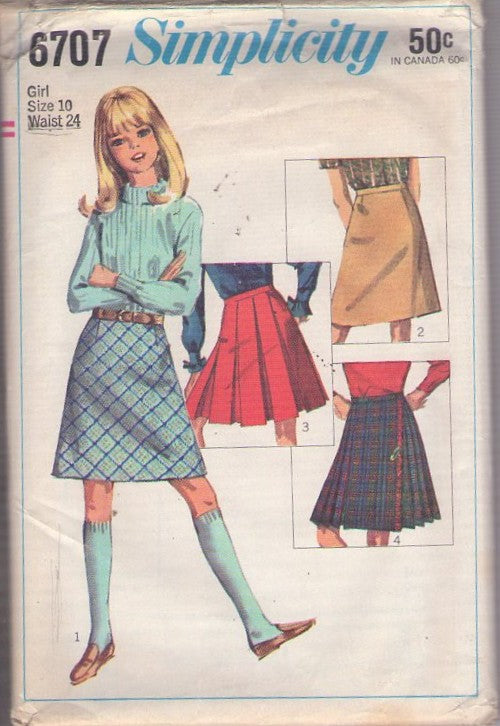 Simplicity 6707 Vintage 60's Sewing Pattern Girl's Skirts, Mod A-Line, Box Pleat, Kilt Mini Skirt, School Uniforms, Celtic Highland Heritage Size 10