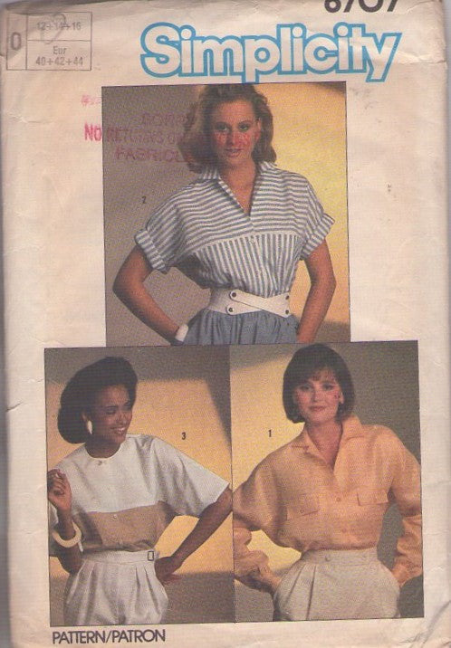 Simplicity 6707 Vintage 80's Sewing Pattern Blouse Set, Two Tone Batwing, Contrast Yoked New Wave Shirt 3 Styles Size 12-14
