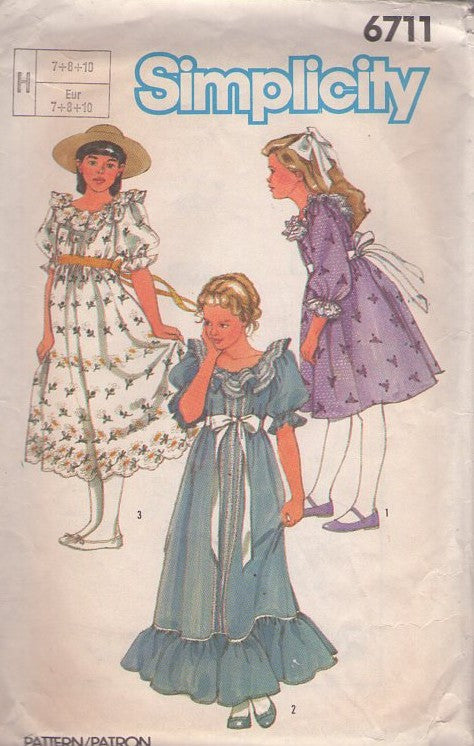 Simplicity 6711 Vintage 80's Sewing Pattern Girl's Dress Set, Modest, Fancy Ruffle Eyelet Lace Party Dress, Flower Girl Gown, Party Styles Size 7-8