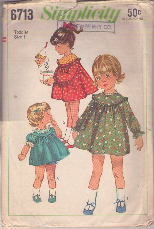 Simplicity 6713 Vintage 60's Sewing Pattern Girl's Dress & Panty Set, Flared, Short, Babydoll Baby Yoked Party Dress & Bloomers Panties Size 1